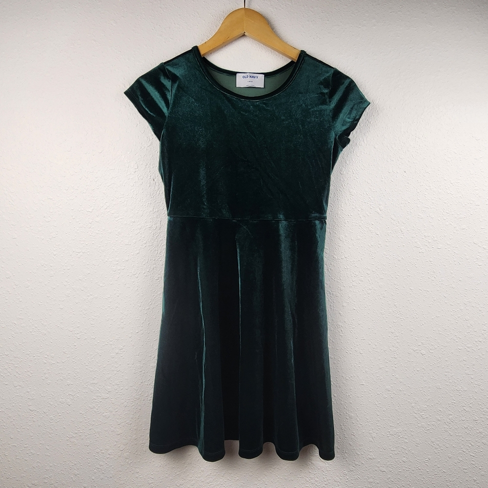 Old Navy Girls Green Velvet Dress Size L 10–12 Short Sleeve Party Casual